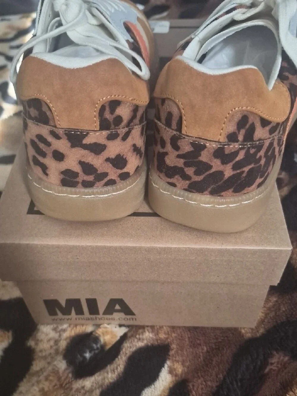 MIA White Tan Leopard Accent Sneakers with Orange Stripe